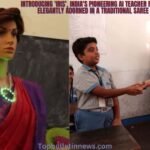 Introducing 'Iris', India's pioneering AI teacher robot, elegantly adorned in a traditional saree