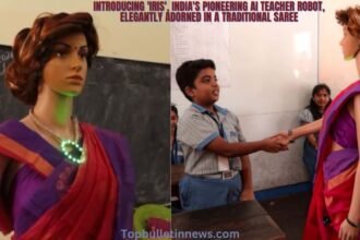 Introducing 'Iris', India's pioneering AI teacher robot, elegantly adorned in a traditional saree